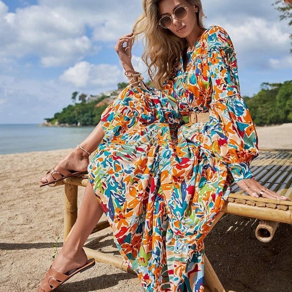 Multicolor Boho Womens Floral Print Lantern Sleeve Dress - Picture 1 of 5